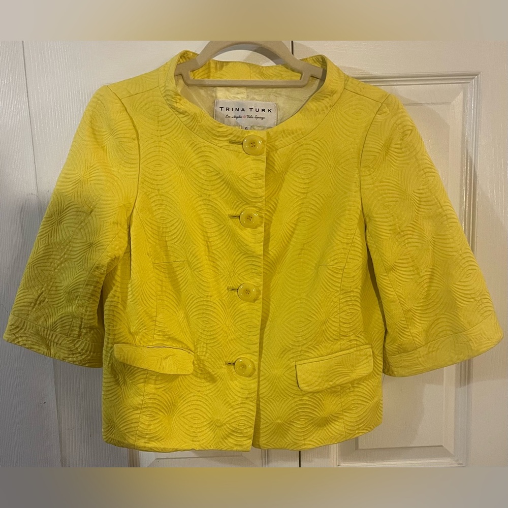 Trina Turk Yellow Quilted Lined 3/4” Sleeves Cotton Made In USA Blazer/Jacket 6